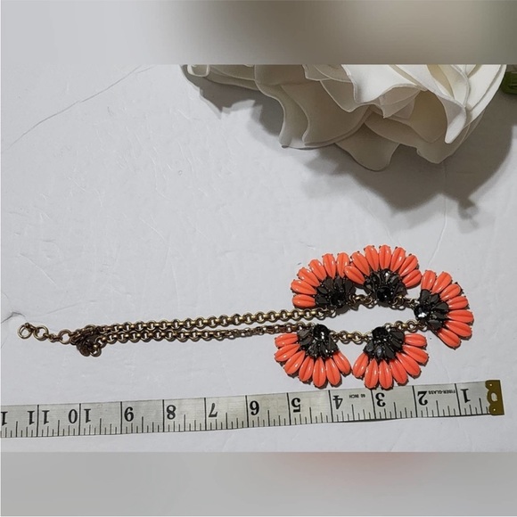 J. Crew Coral and Gold Flower Rhinestone Necklace, Statement Necklace - Picture 15 of 16